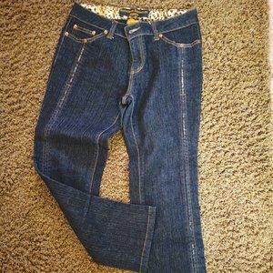 Size 11, Boom Boom Jeans, in Dark Blue, with Leopard Pinstripe Down Front